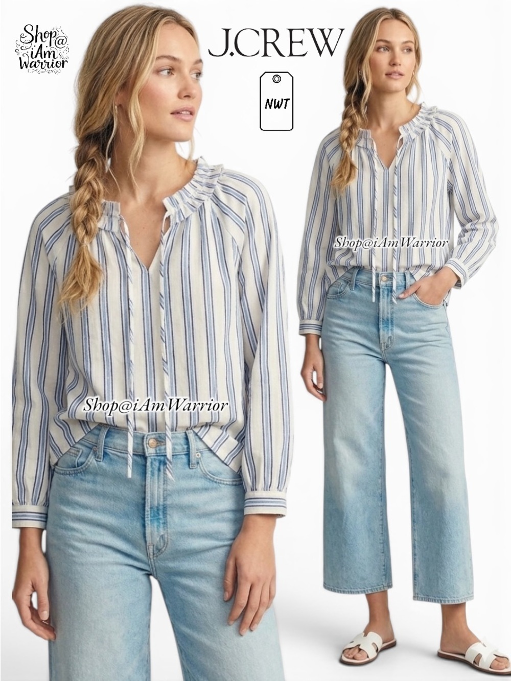 J.Crew NWT ruffle neck baby blue & white striped blouse *shop@iamwarrior